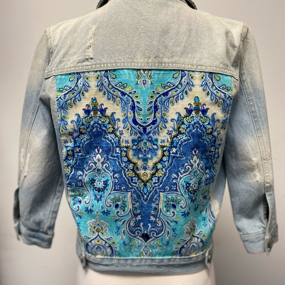 Handmade Denim Jean Jacket Size XS Crystals Beads - Picture 1 of 9